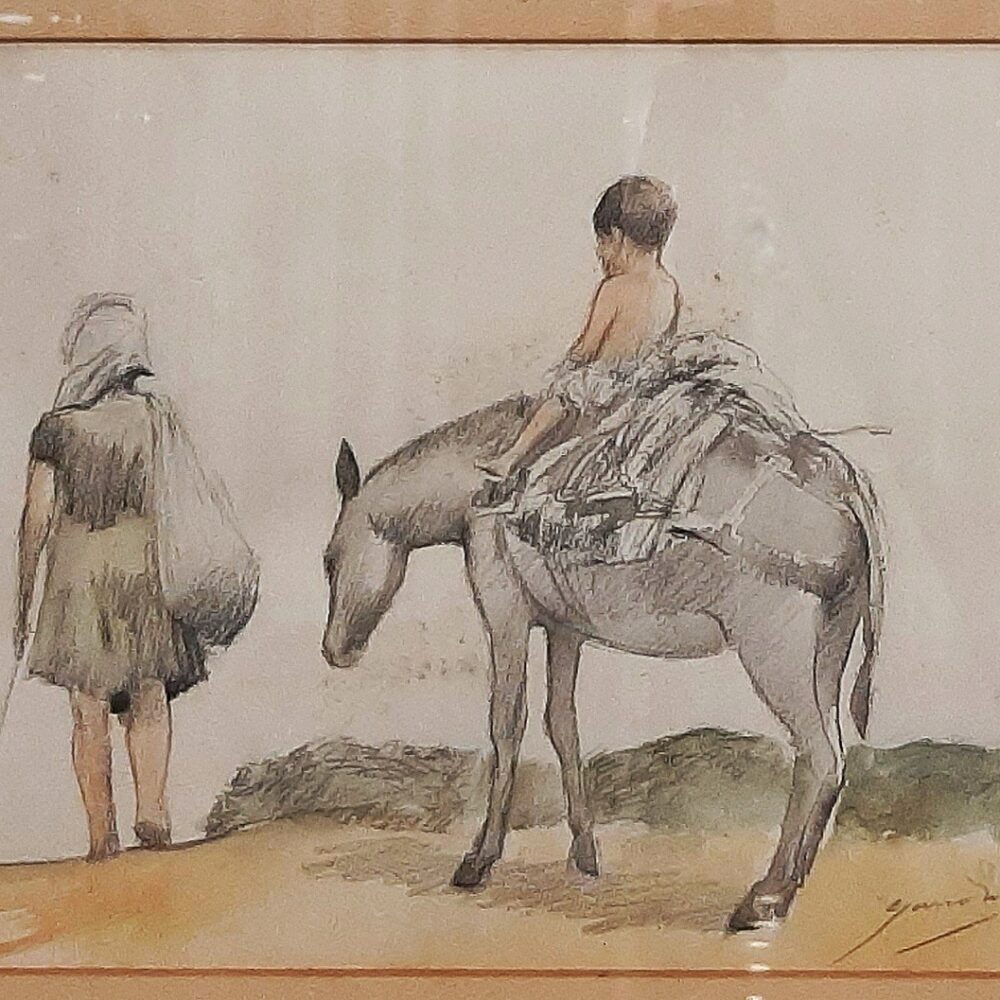 Mujer y niño con burro